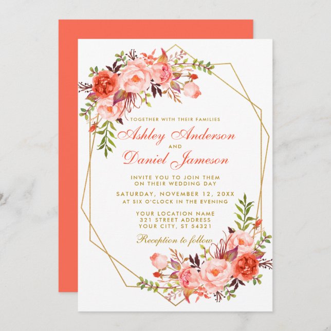 Modern Coral Floral Gold Geometric Wedding Invitation (Front/Back)