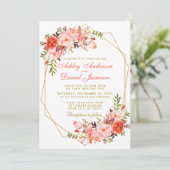 Modern Coral Floral Gold Geometric Wedding Invitation (Standing Front)