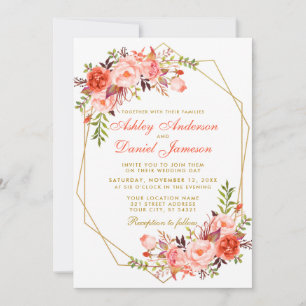 Modern Coral Floral Gold Geometric Wedding W Invitation