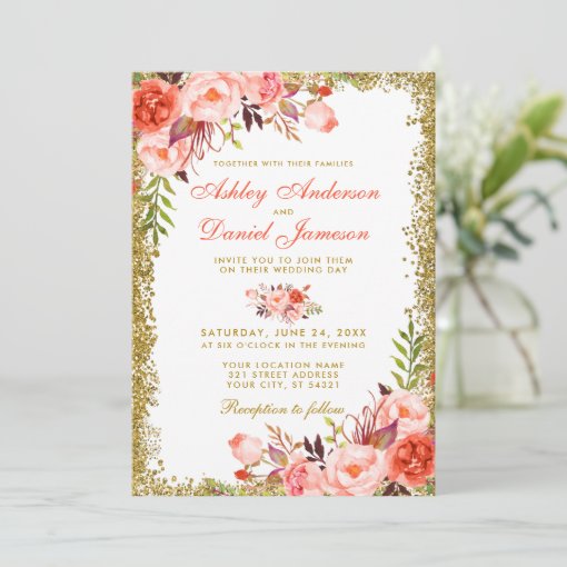 Modern Coral Floral Gold Glitter Wedding Invitation | Zazzle