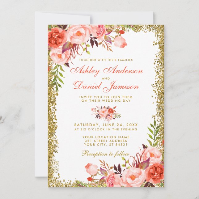 Modern Coral Floral Gold Glitter Wedding W Invitation (Front)