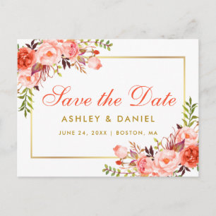 Modern Coral Floral Gold Save the Date Announcement Postcard