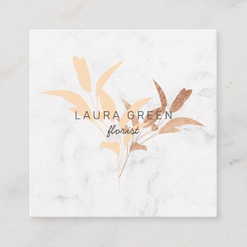 Modern coral floral rose gold flowers white marble square business card