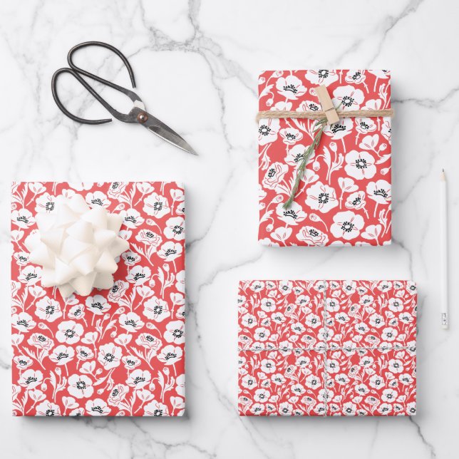 Modern Coral Floral Wrapping Paper Sheets (Front)