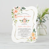 Modern Coral Flowers Bridal Shower Tea Party Invitation (Standing Front)