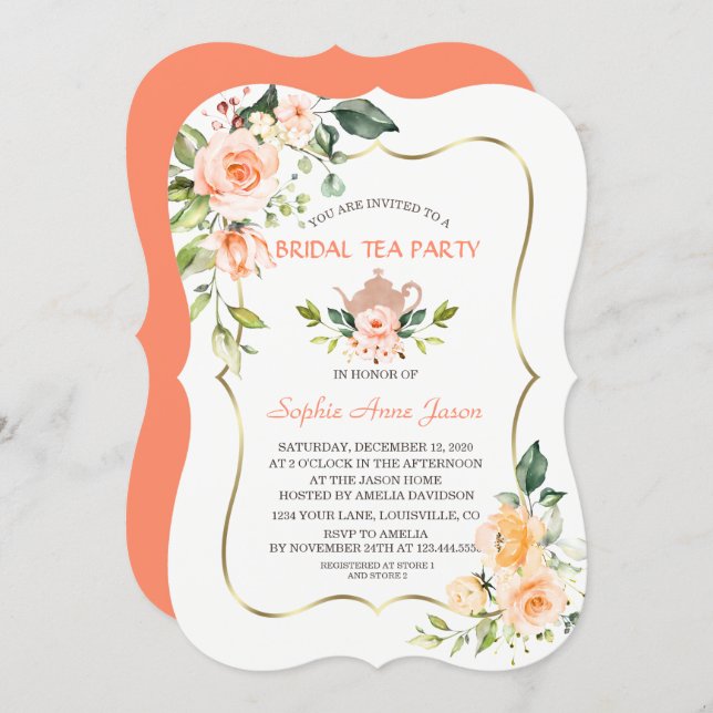 Modern Coral Flowers Bridal Shower Tea Party Invitation (Front/Back)
