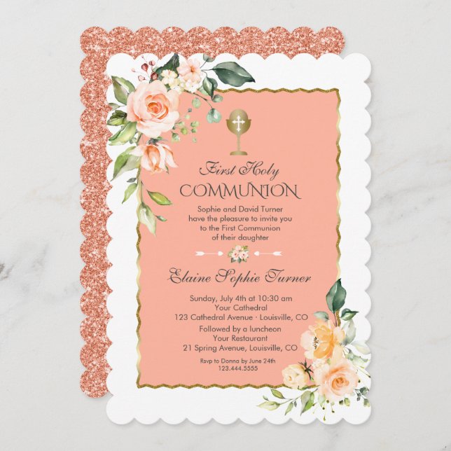 Modern Coral Flowers Coral Glitter First Communion Invitation (Front/Back)