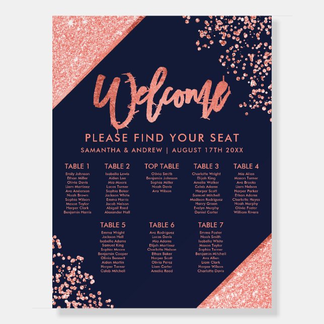 Modern coral glitter navy blue wedding seating foam board (Front)