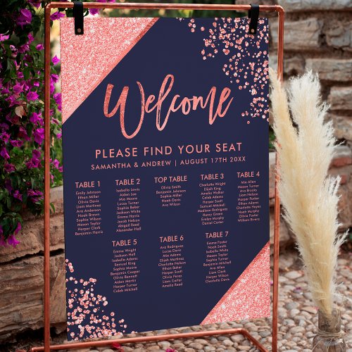 Modern coral glitter navy blue wedding seating poster