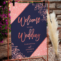 Modern coral glitter navy blue welcome wedding