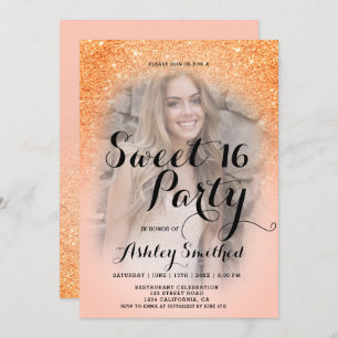 Modern coral glitter ombre photo Sweet 16 Invitation
