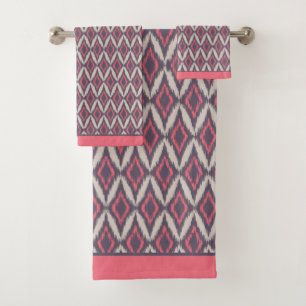 Modern Coral Gray Ikat Pattern  Bath Towel Set