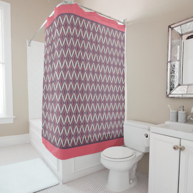 Modern Coral Gray Ikat Pattern Shower Curtain (In Situ)