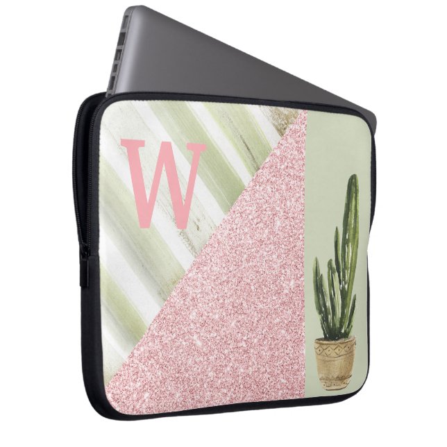 Modern Coral Green Cactus Botanical Monogram Laptop Sleeve (Front Right)