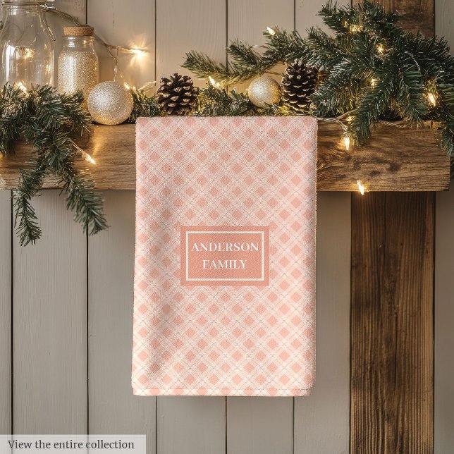 Modern Coral Kitchen Towel Personalized Plaid Gift (Modern Coral Kitchen Towel Personalized Plaid Gift)