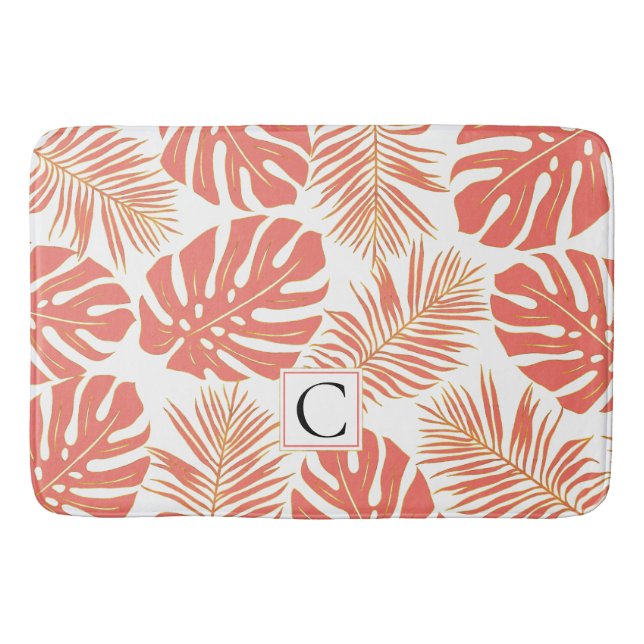 Modern coral leaves and monogram tropical bath mat (Front)