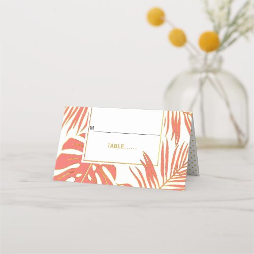 Modern coral leaves tropical wedding folded escort place card