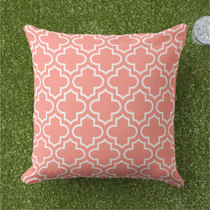 Modern Coral Moroccan Quatrefoil Pattern Outdoor Pillow