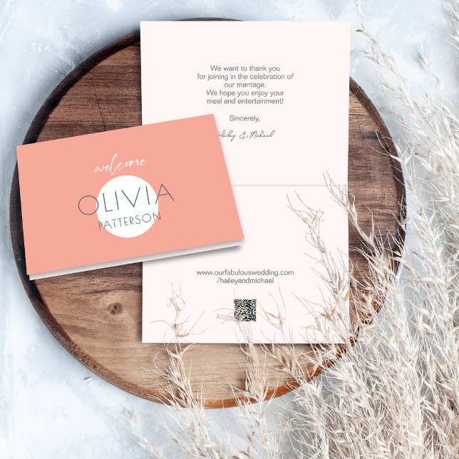 Modern Coral Name Placecard QR Code Thank You Card (Creator Uploaded)