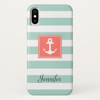 Modern Coral Nautical Anchor Mint White Stripes Case-Mate iPhone Case