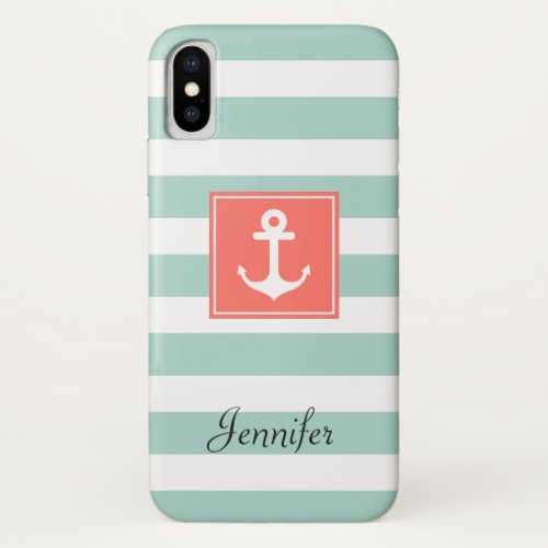 Modern Coral Nautical Anchor Mint White Stripes iPhone XS Case