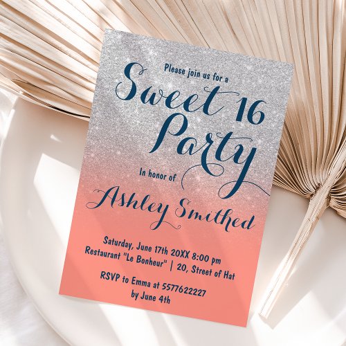 Modern coral navy blue silver ombre Sweet 16 Invitation