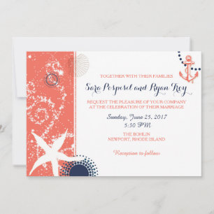 Modern Coral & Navy Nautical Wedding Invitation