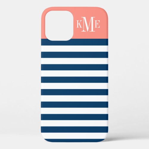 Modern Coral Navy Stripes Custom Monogram iPhone 12 Case