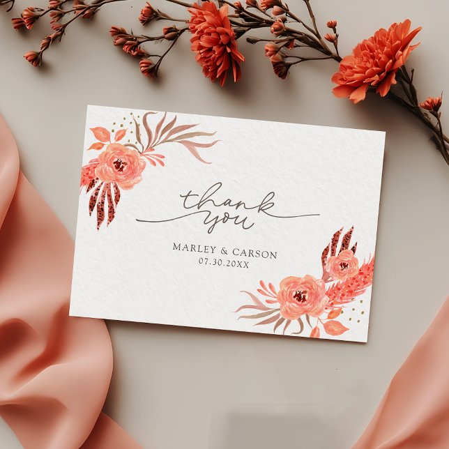 Modern Coral Orange Floral Terracotta Wedding Thank You Card (Creator Uploaded)