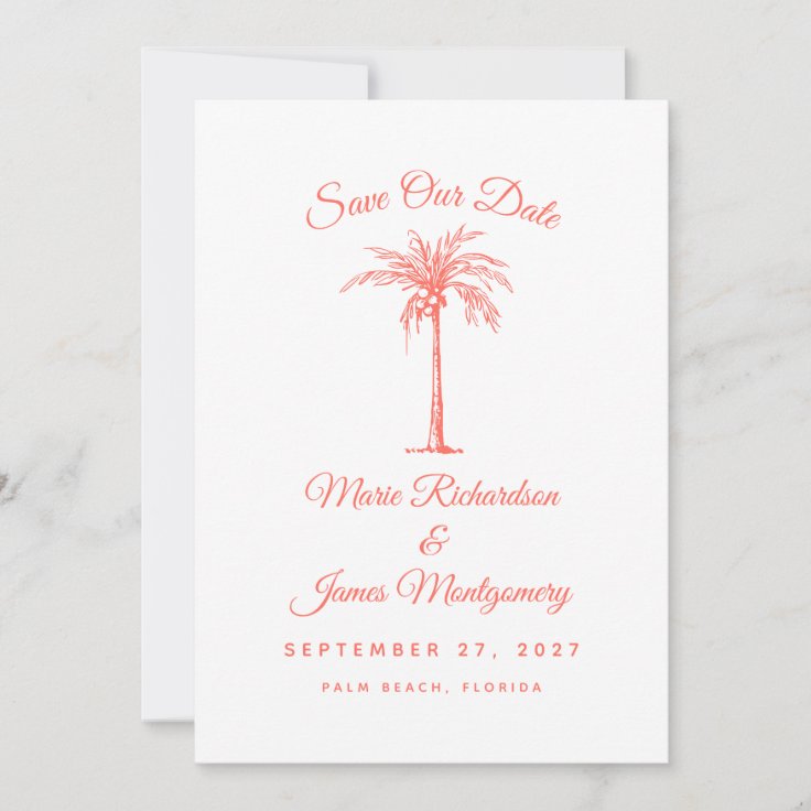 Modern Coral Palm Tree Beach Wedding Save the Date Zazzle