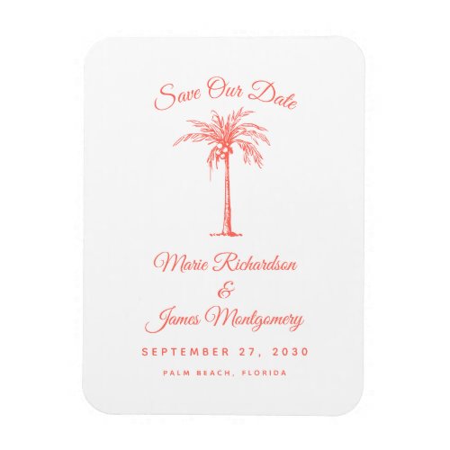 Modern Coral Palm Tree Beach Wedding Save the Date Magnet