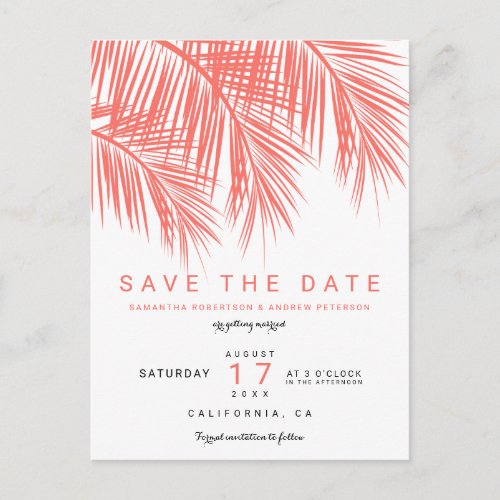 Modern coral palm tree elegant save the date announcement postcard