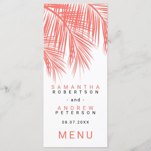 Modern coral palm tree elegant wedding menu