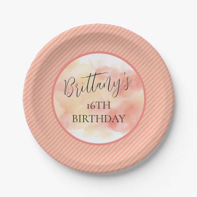Modern Coral Peach Elegant Personalized Birthday Paper Plates (Front)