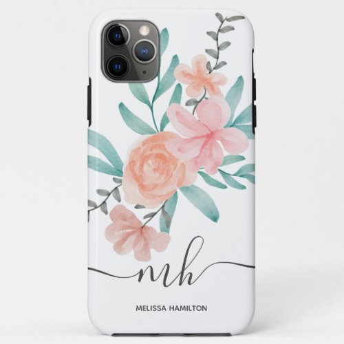 Modern coral peach floral watercolor monogrammed iPhone 11 pro max case