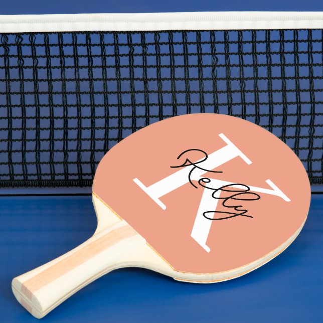 Modern Coral Peach Monogram Script Ping Pong Paddle (Insitu)