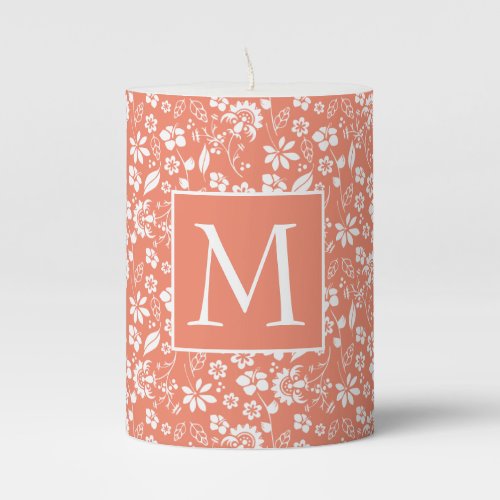 Modern Coral Peach Spring Flower Pattern Monogram Pillar Candle