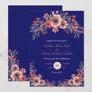 Modern Coral Peony Floral Navy Wedding Invitation
