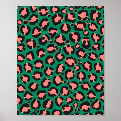Modern Coral Pink Black Green Leopard Animal Print
