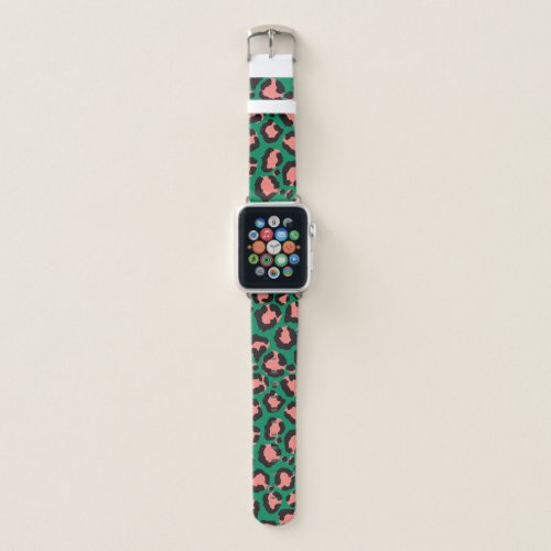 Modern Coral Pink Black Green Leopard Animal Print Apple Watch Band