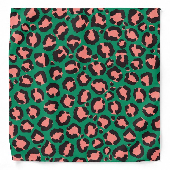 Modern Coral Pink Black Green Leopard Animal Print Bandana (Front)
