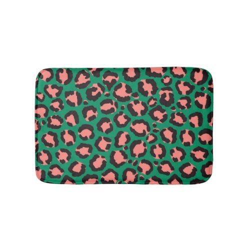 Modern Coral Pink Black Green Leopard Animal Print Bath Mat