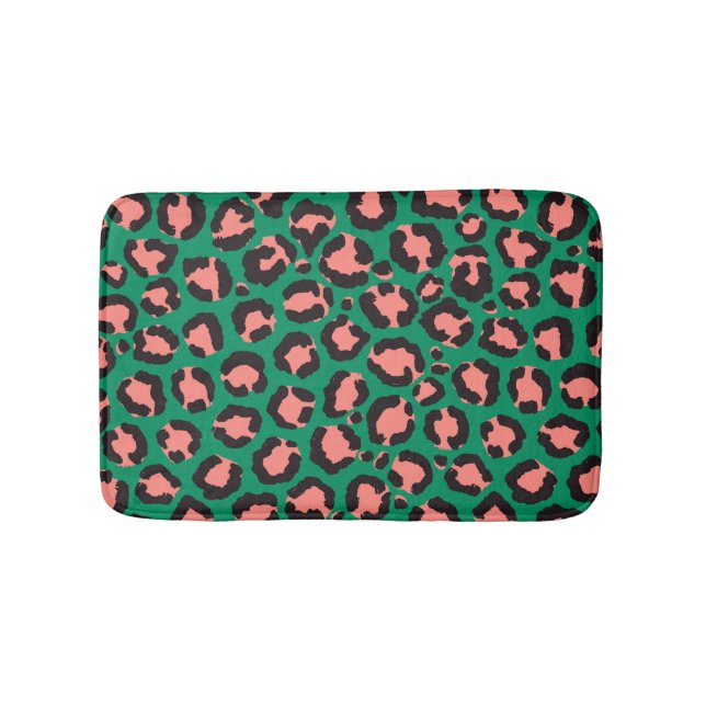 Modern Coral Pink Black Green Leopard Animal Print Bath Mat (Front)