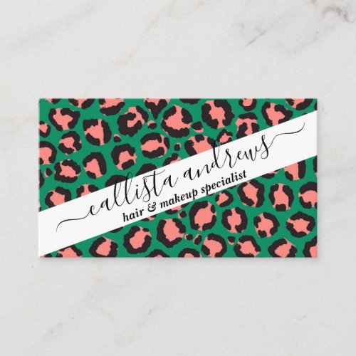 Modern Coral Pink Black Green Leopard Animal Print Business Card