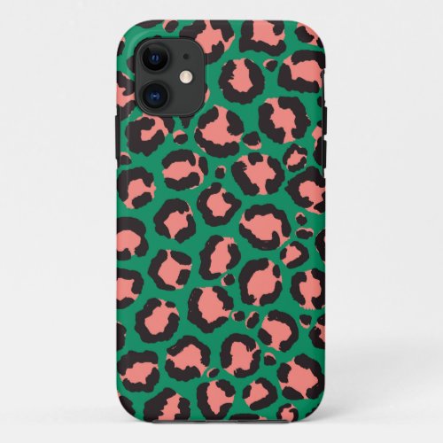 Modern Coral Pink Black Green Leopard Animal Print iPhone 11 Case