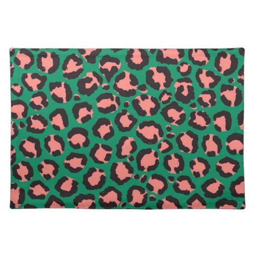 Modern Coral Pink Black Green Leopard Animal Print Cloth Placemat