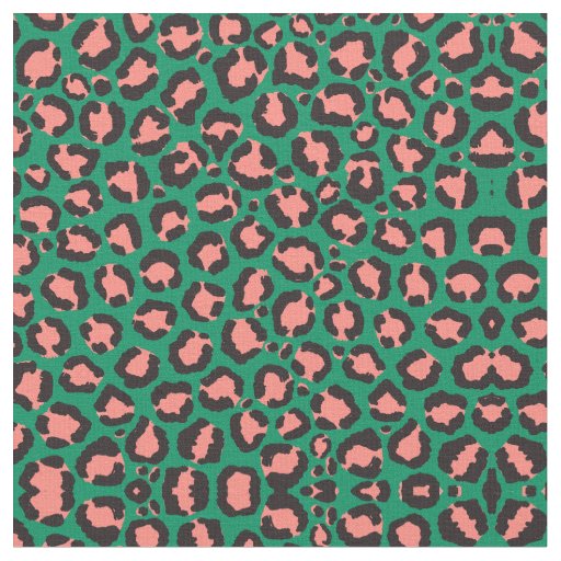Modern Coral Pink Black Green Leopard Animal Print Fabric