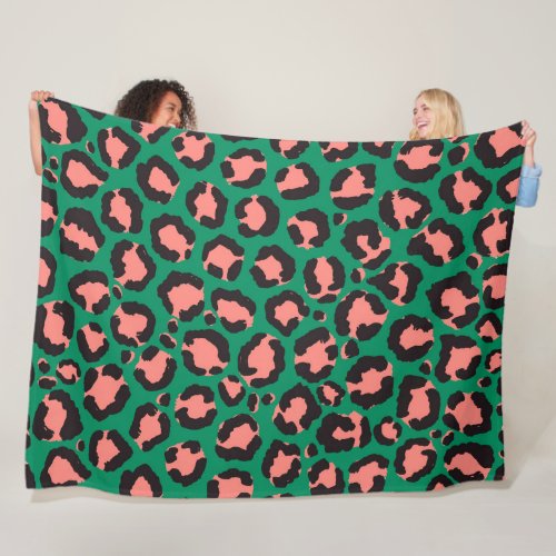 Modern Coral Pink Black Green Leopard Animal Print Fleece Blanket
