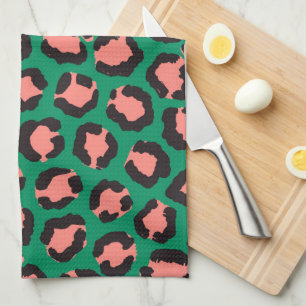 Modern Coral Pink Black Green Leopard Animal Print Kitchen Towel