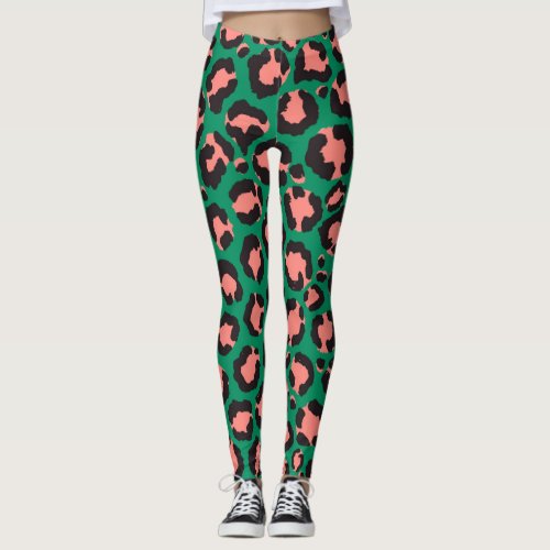 Modern Coral Pink Black Green Leopard Animal Print Leggings